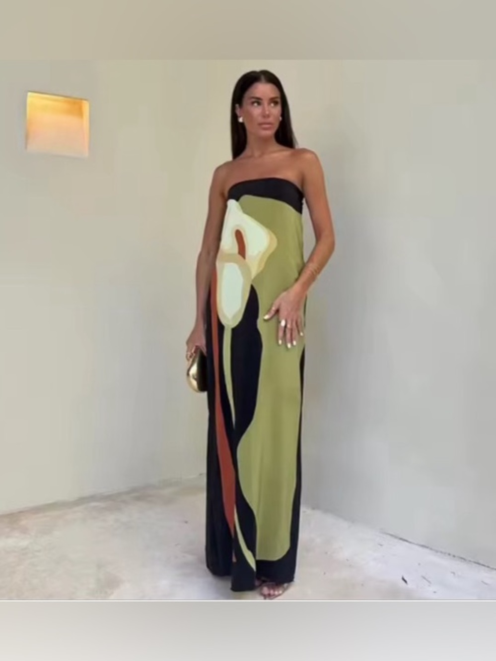 NWT - Maxi Strapless Dress Medium Olive & Black Floral Print Abstract Maxi Dress